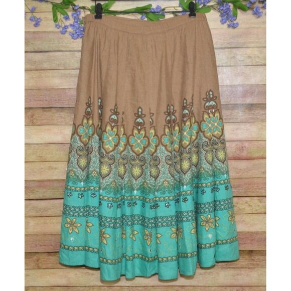 Coldwater Creek Boho Linen Blend Midi Skirt Size M Floral Sequin Art to Wear - Picture 7 of 11